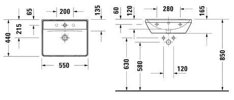Duravit Lavoar Duravit, Washbasin 550mm D-Neo white with of, with tp, 1 th, montare pe perete, cu preaplin, gaura pt baterie, smalt pe interior, alb