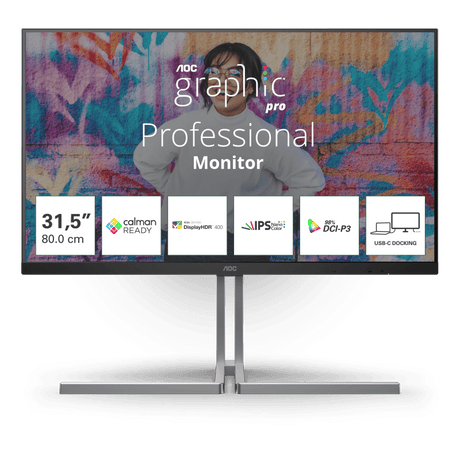 AOC "Monitor AOC 31.5"" U32U3CV, Diagonal (inch): 31.5, Diagonal (cm): 80, Aspect ratio: 16:9, Panel: IPS, Resolution: 3840x2160, Refresh Rate: 60Hz, Response time GtG: 4ms, Brightness (max): 400 cd/m², C