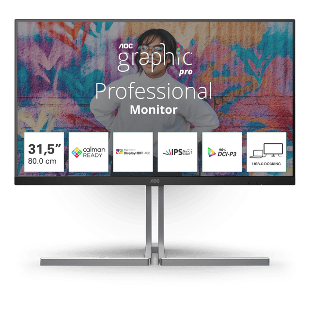 AOC "Monitor AOC 31.5"" U32U3CV, Diagonal (inch): 31.5, Diagonal (cm): 80, Aspect ratio: 16:9, Panel: IPS, Resolution: 3840x2160, Refresh Rate: 60Hz, Response time GtG: 4ms, Brightness (max): 400 cd/m², C
