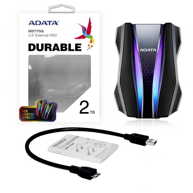 HDD portabil ADATA HD770G 2TB RGB USB 3.2 NEGRUUSB 3.2 Gen 1, Negru