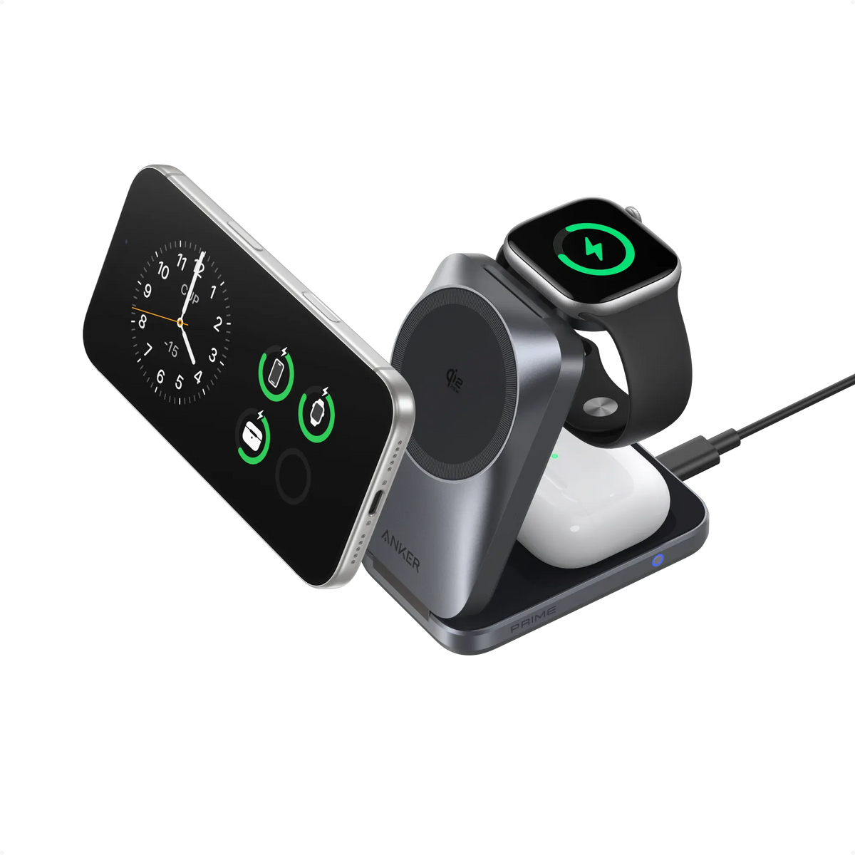 Incarcator Wireless Anker Prime 3-in-1, AirCool Qi 2.2, 25W, MagGo, Pliabil, Negru/Gri