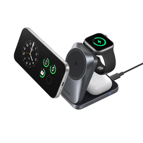 Incarcator Wireless Anker Prime 3-in-1, AirCool Qi 2.2, 25W, MagGo, Pliabil, Negru/Gri