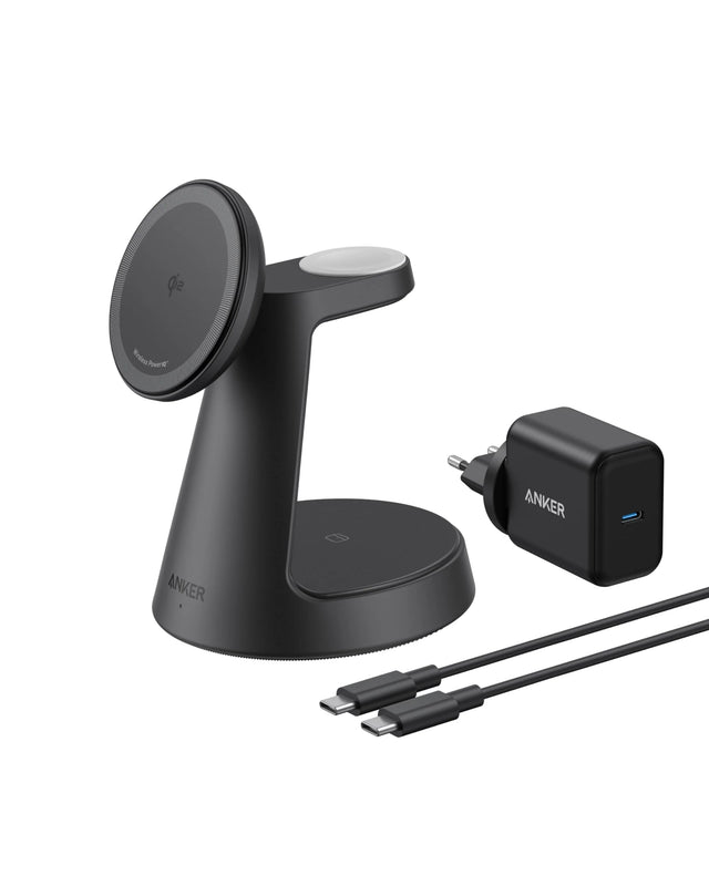 Incarcator wireless magnetic Anker MagGo 3-in-1 Qi2 15W, cu cablu si adaptor incluse, Negru