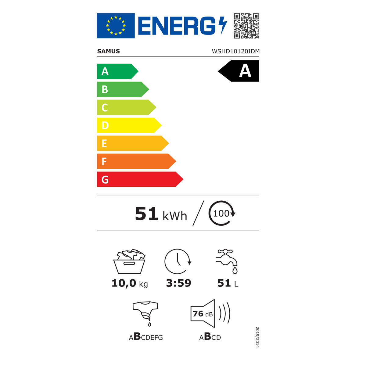 Masina Spalat Rufe Samus WSHD10120IDM | Clasa A, 10kg, 1200RPM, Inverter, 59.5x62x85cm