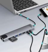 Media-Tech 8 in 1 GIGA LAN HUB - USB-C Docking Station Ports: 1xRJ45 (1000 Mbps) 1xUSB-A 30 1xUSB-A 20 1 x USB-C PD 20V@5A max 100W HDMI 4K SD microSD