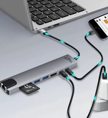 Media-Tech 8 in 1 GIGA LAN HUB - USB-C Docking Station Ports: 1xRJ45 (1000 Mbps) 1xUSB-A 30 1xUSB-A 20 1 x USB-C PD 20V@5A max 100W HDMI 4K SD microSD