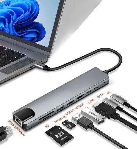 Media-Tech 8 in 1 GIGA LAN HUB - USB-C Docking Station Ports: 1xRJ45 (1000 Mbps) 1xUSB-A 30 1xUSB-A 20 1 x USB-C PD 20V@5A max 100W HDMI 4K SD microSD