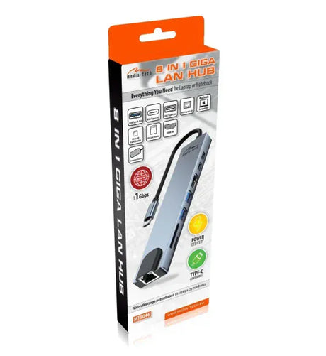 Media-Tech 8 in 1 GIGA LAN HUB - USB-C Docking Station Ports: 1xRJ45 (1000 Mbps) 1xUSB-A 30 1xUSB-A 20 1 x USB-C PD 20V@5A max 100W HDMI 4K SD microSD