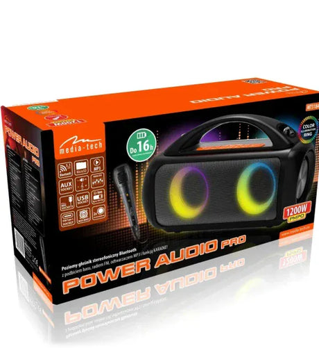 Media-Tech Boxa Portabila wireless pentru Karaoke Media-Tech POWER AUDIO PRO MT3184 Radio FM MP3 Player Karaoke 60W RMS iluminare RGB Negru