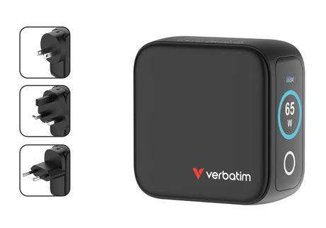 Verbatim Incarcator USB Adaptor de calatorie mini Verbatim 30238, GaN, 65W, display, USB-C1/C2, PD 3.0 pana la 65W, USB-A QC 3.0 pana la 20W, negru