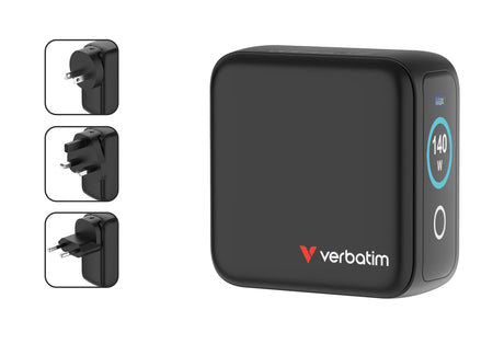 Verbatim Incarcator USB Adaptor de calatorie mini Verbatim 30240, GaN, 140W, display, USB-C1/C2 PD 3.0 pana la 140W, USB-C3 PD 3.0 pana la 40W, USB-A QC 3.0 pana la 30W, negru