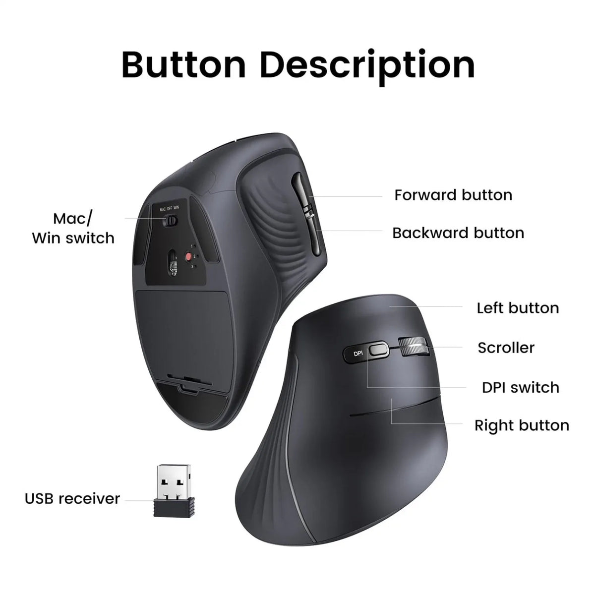 Mouse Ugreen MU008 | Vertical, Ergonomic, Wireless, 4000 DPI, 6 Butoane