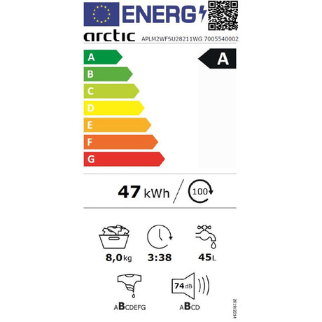 Masina de spalat rufe Arctic APLM2WFSU28211WG | 8kg, 1200rpm, Clasa A, Motor SilentInverter, Alb, 60x54.6x84.5cm