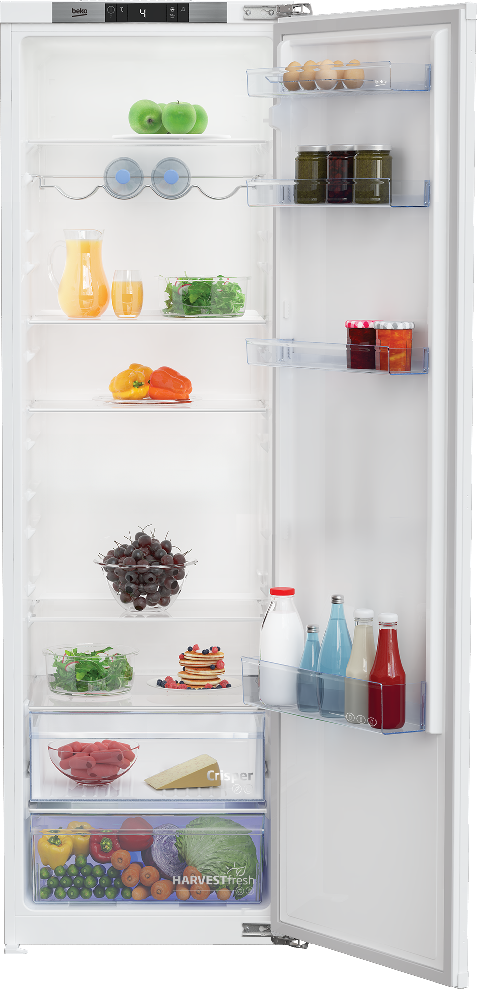 Frigider cu o usa incorporabil Beko, 309l, Clasa E, display, HarvestFresh, H 177.5, alb