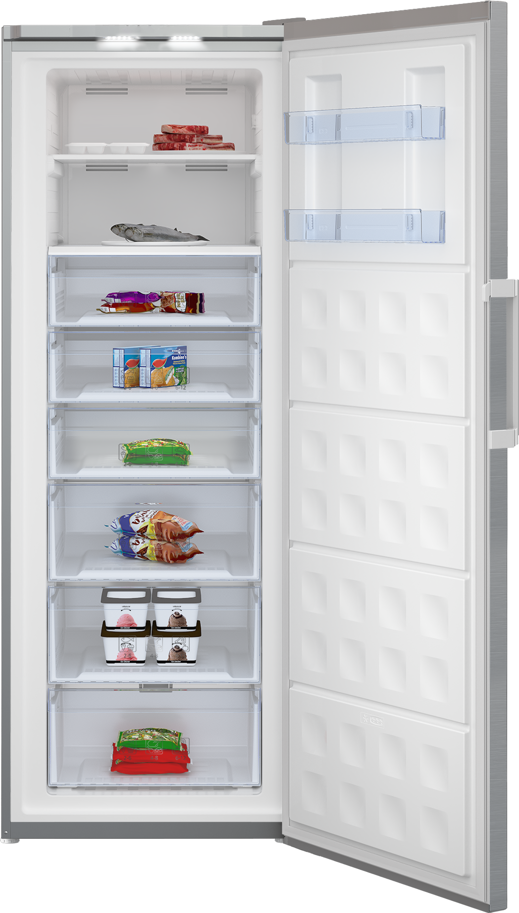 Congelator Beko RFNE448E41XB | 448L, NoFrost, Clasa E, Metal Look, 8 Compartimente, 70x76.8x191.2cm