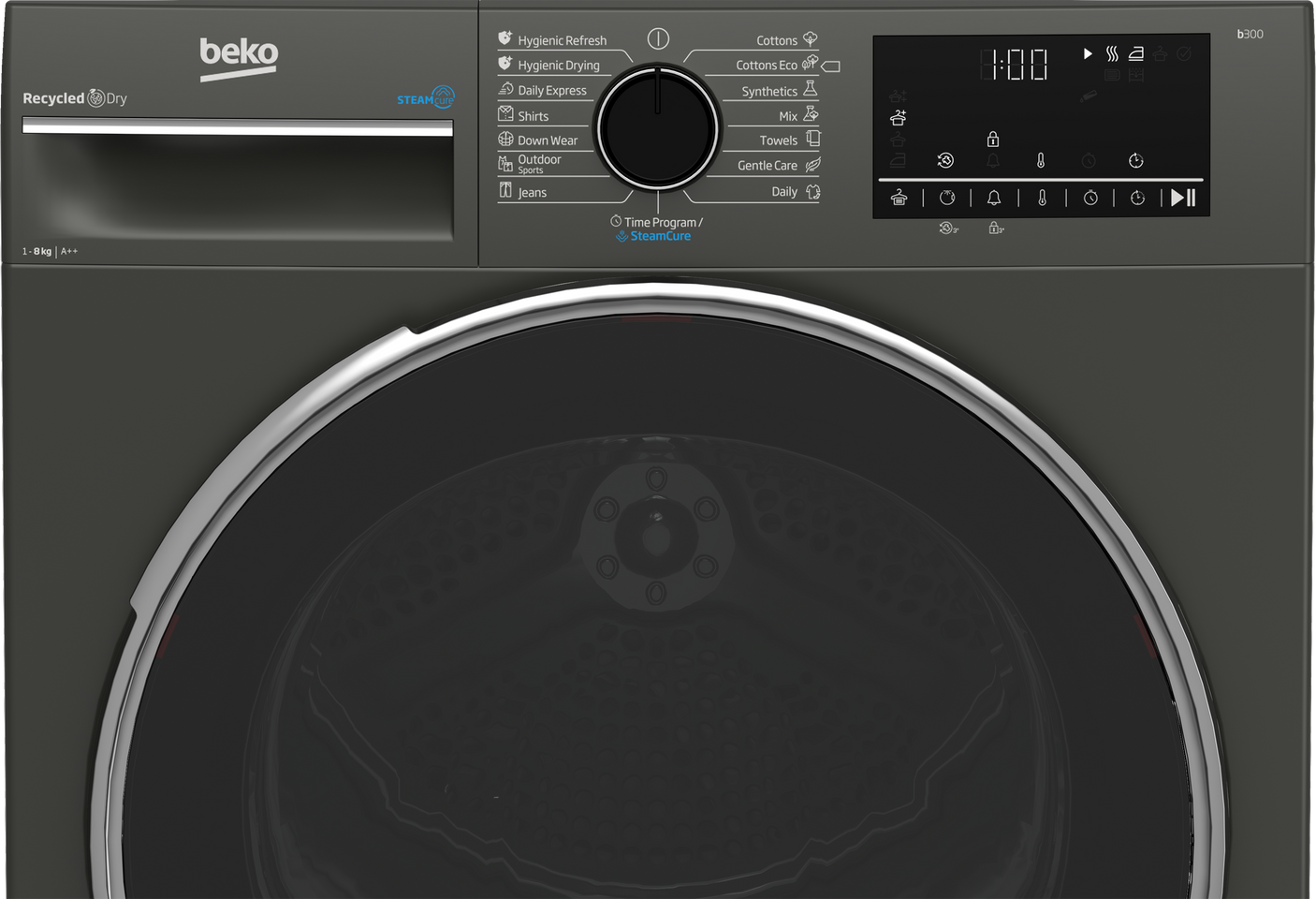 Uscator de rufe Beko B3T68239MG, 8 kg, 16 programe, Clasa E, Pompa de caldura EcoGentle™, Steamcure, RecycledDry, Outdoo
