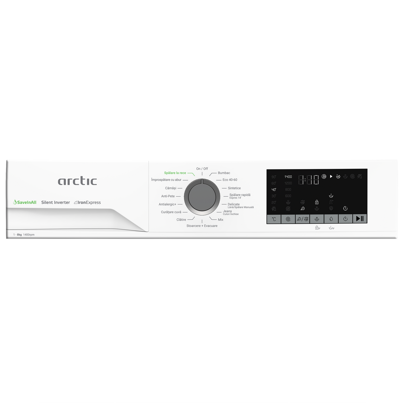 Masina de spalat rufe Arctic, 8 Kg, 1400 RPM, Motor Silent Inverter, Drum Clean+Steam, Child Lock, Anticrease, Digital D
