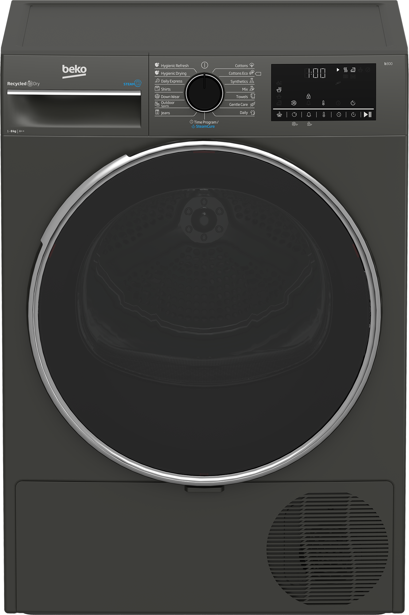 Uscator de rufe Beko B3T68239MG, 8 kg, 16 programe, Clasa E, Pompa de caldura EcoGentle™, Steamcure, RecycledDry, Outdoo