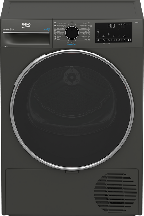 Uscator de rufe Beko B3T68239MG, 8 kg, 16 programe, Clasa E, Pompa de caldura EcoGentle™, Steamcure, RecycledDry, Outdoo