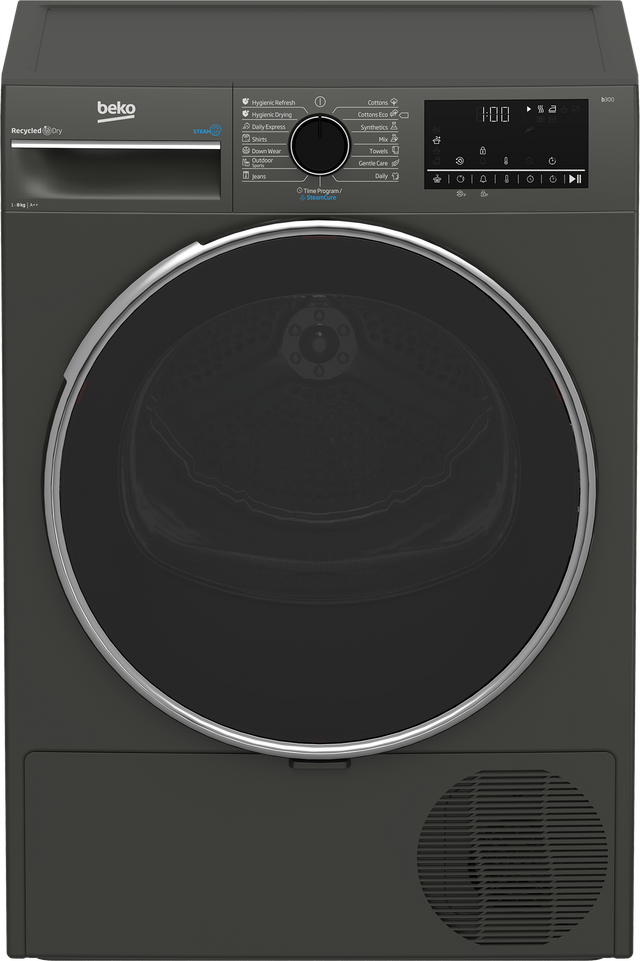Uscator de rufe Beko B3T68239MG, 8 kg, 16 programe, Clasa E, Pompa de caldura EcoGentle™, Steamcure, RecycledDry, Outdoo
