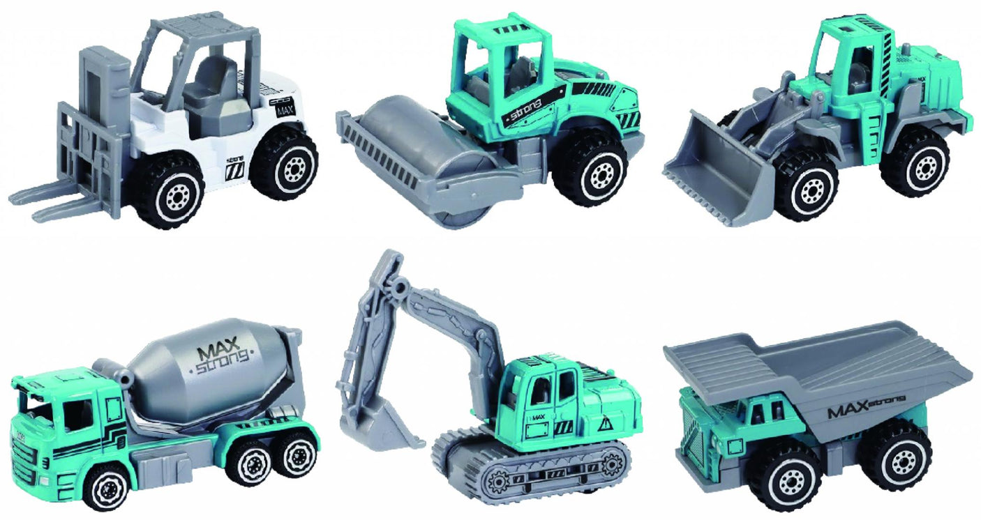 Macheta Die Cast, Set 6 Utilaje, Scara 1/64, 7.5CM, Diverse Modele și Culori- Incarcator, Compactor, Buldozer, Betoniera, Excavator Senile, Basculanta