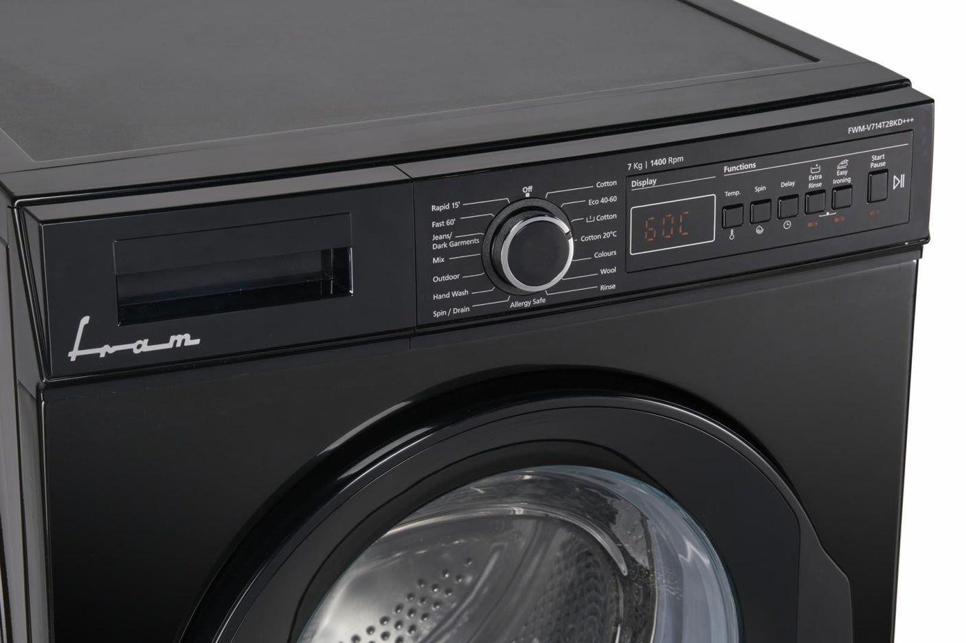 Fram Masina de spalat rufe Masina de spalat rufe Fram FWM-V714T2BKD+++ | 7kg, 1400RPM, Display LED, Negru, 59.7x52.7x84.5cm