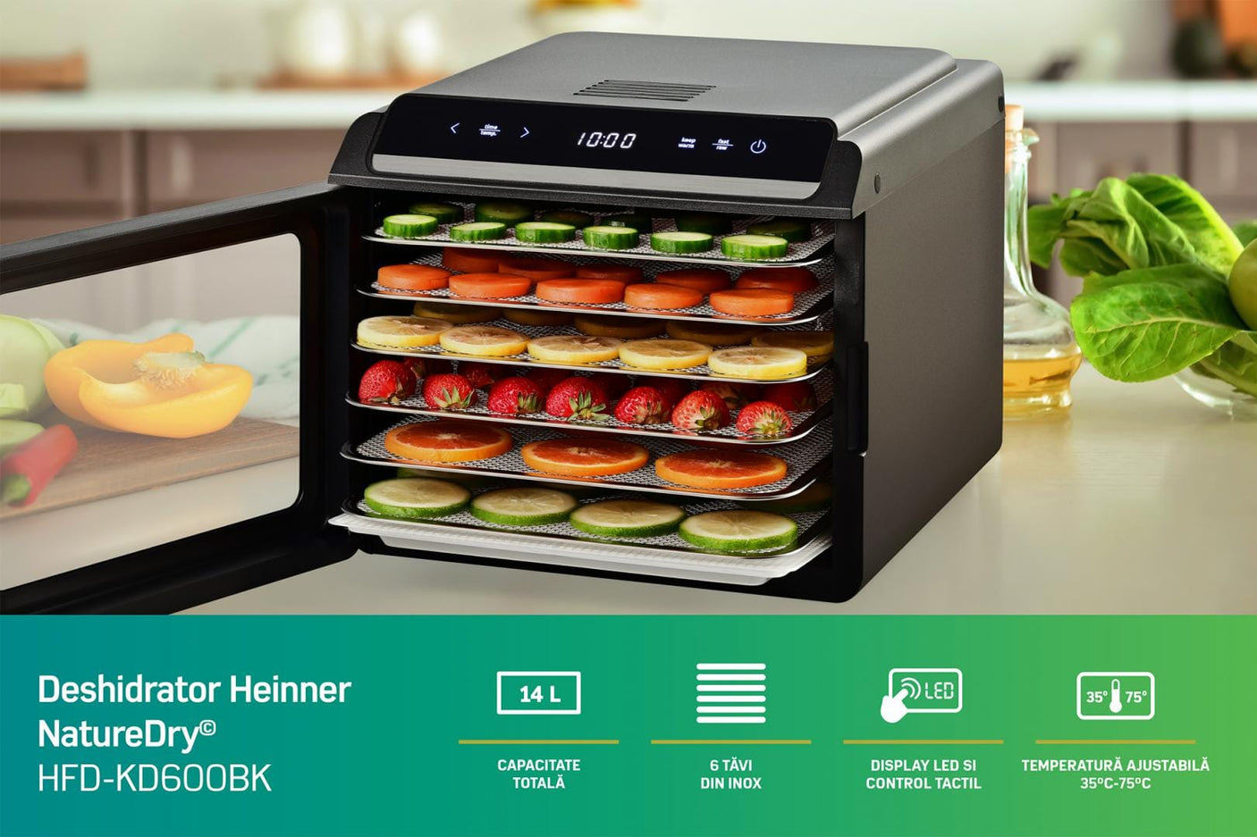 Heinner Deshidrator Deshidrator Heinner NatureDry HFD-KD600BK | 600W, 6 Tavi, Timer, Negru