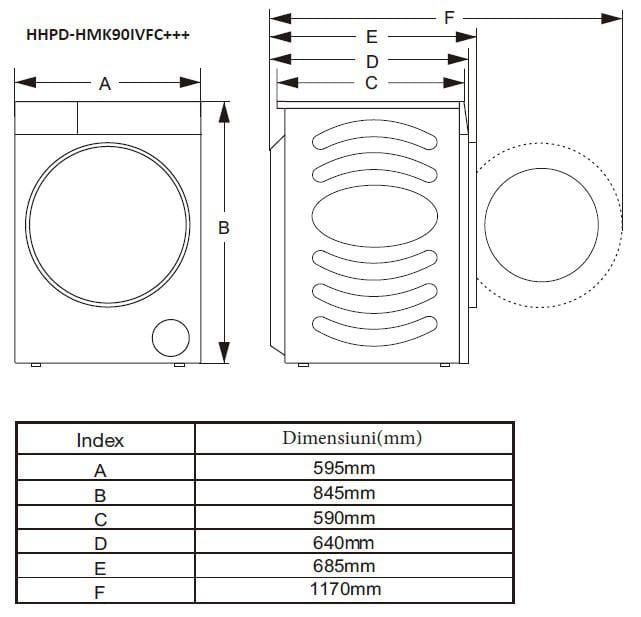 Heinner Resigilat - Uscator de rufe [RESIGILAT] Uscator de Rufe Heinner HHPD-HMK90IVFC+++ | 9kg, Pompa Caldura, Clasa C, Inverter, 59.5x66x84.5cm