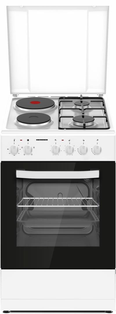 Heinner Aragaz Aragaz Mixt Heinner HFSC-S56E2HSWH | 50cm, 4 Arzatoare, Cuptor Electric, Alb, 50x60x86cm