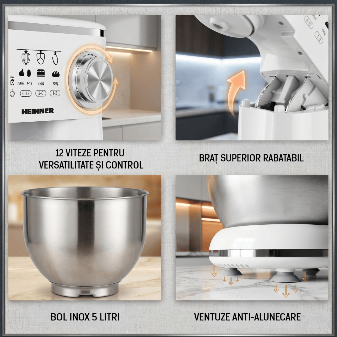 Heinner Resigilat - Mixer [RESIGILAT] Mixer Planetar Heinner HPM-1000WHCH | 1000W, 5L, 6 Viteze, Alb