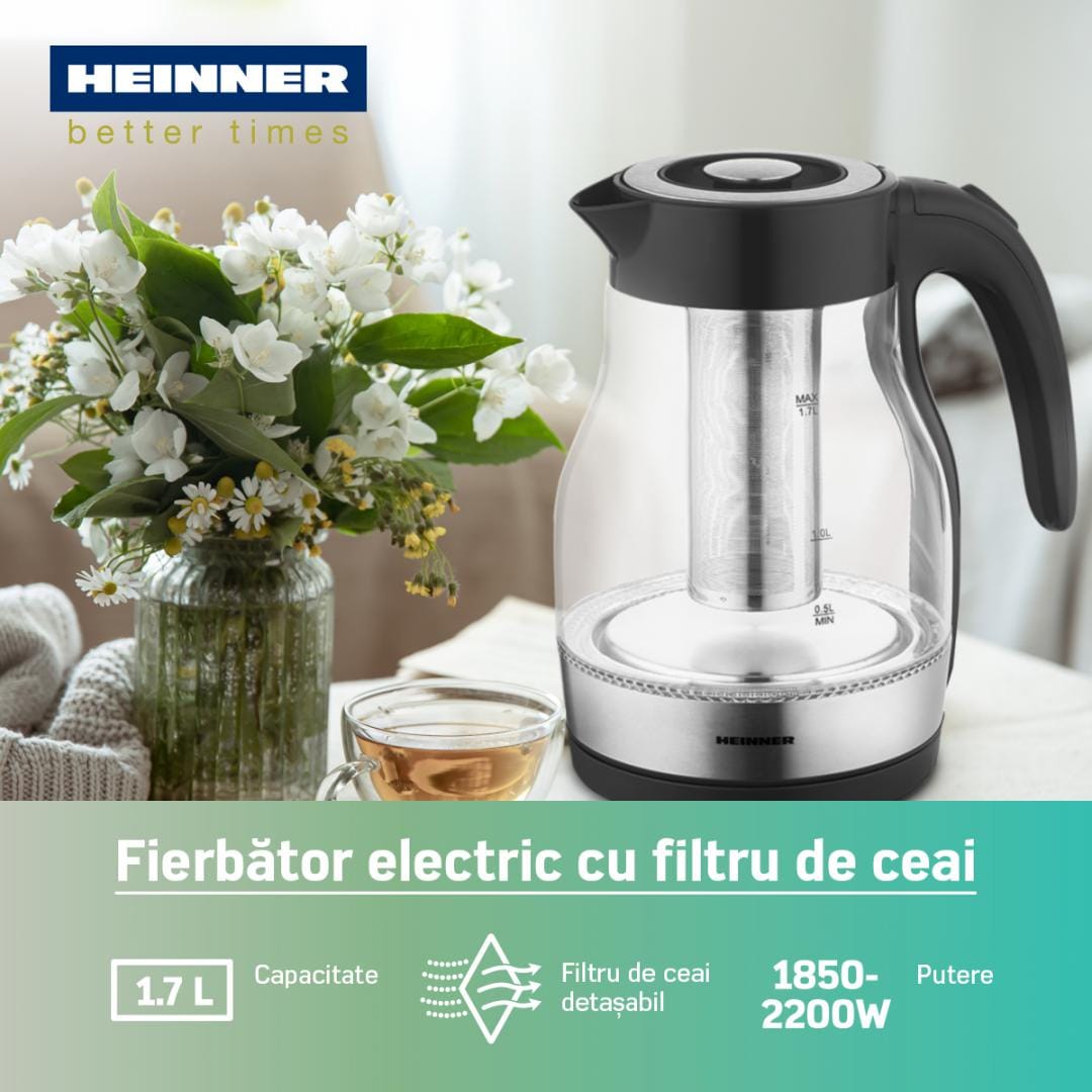 Heinner Fierbator Fierbator Electric Heinner HEK-TF2200GBK | 2200W, 1.7L, Filtru Ceai, Negru