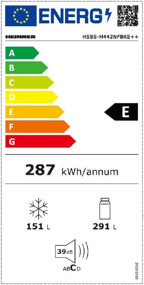 Heinner Side by side Side by Side Heinner HSBS-H442NFBKE++ | 442L, No Frost, A++, Negru, 90.5x59.5x177cm