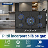 Heinner Plita incorporabila Plita Incorporabila Heinner HBH-M705IWFGBK | 5 Arzatoare, Gaz, 70cm, Negru, 75x51cm
