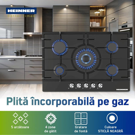 Heinner Plita incorporabila Plita Incorporabila Heinner HBH-M705IWFGBK | 5 Arzatoare, Gaz, 70cm, Negru, 75x51cm