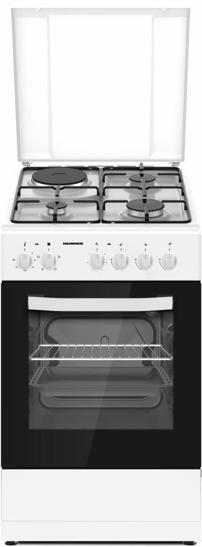 Heinner Aragaz Aragaz Mixt Heinner HFSC-S56E1HSWH | 4 Arzatoare Gaz, 1 Plita Electrica, Cuptor Electric, Alb, 50x60x86cm