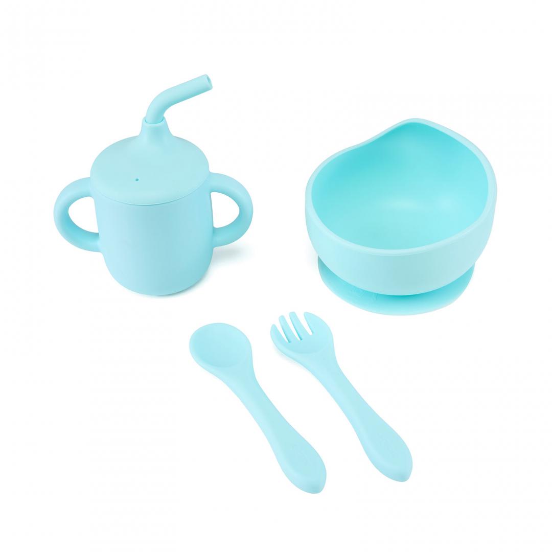 Set 4 Piese Diversificare din Silicon: Cana cu Pai, Bol, Lingurita și Furculita, Blue, U-grow