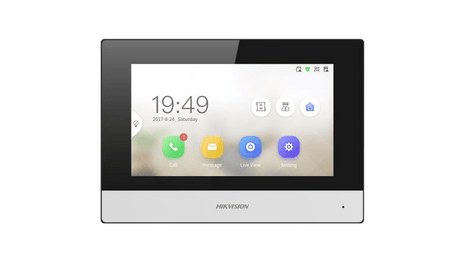 Hikvision Monitor videointerfon Hikvision DS-KH6320Y-WTE2, 2 fire, 4 7-inch IPS touch screen, rezolutie: 1024 × 600, TFT, fara butoane, temperatura de functionare: -10 °C to 50 °C