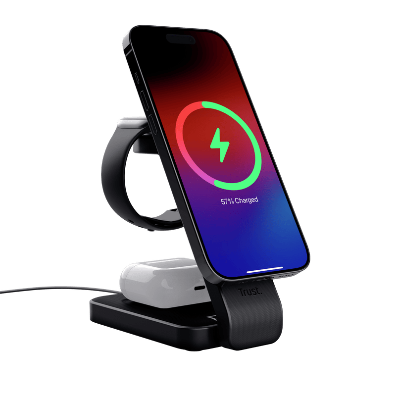 Trust Stand de incarcare 3-in-1 Trust Viro, putere intrare 20W, interfata USB- C, compatibil cu produsele din brandul Apple: iPhone (12 si modele mai noi), Airpods si Apple Watch, negru