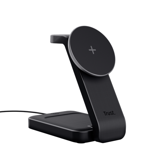 Trust Stand de incarcare 3-in-1 Trust Viro, putere intrare 20W, interfata USB- C, compatibil cu produsele din brandul Apple: iPhone (12 si modele mai noi), Airpods si Apple Watch, negru
