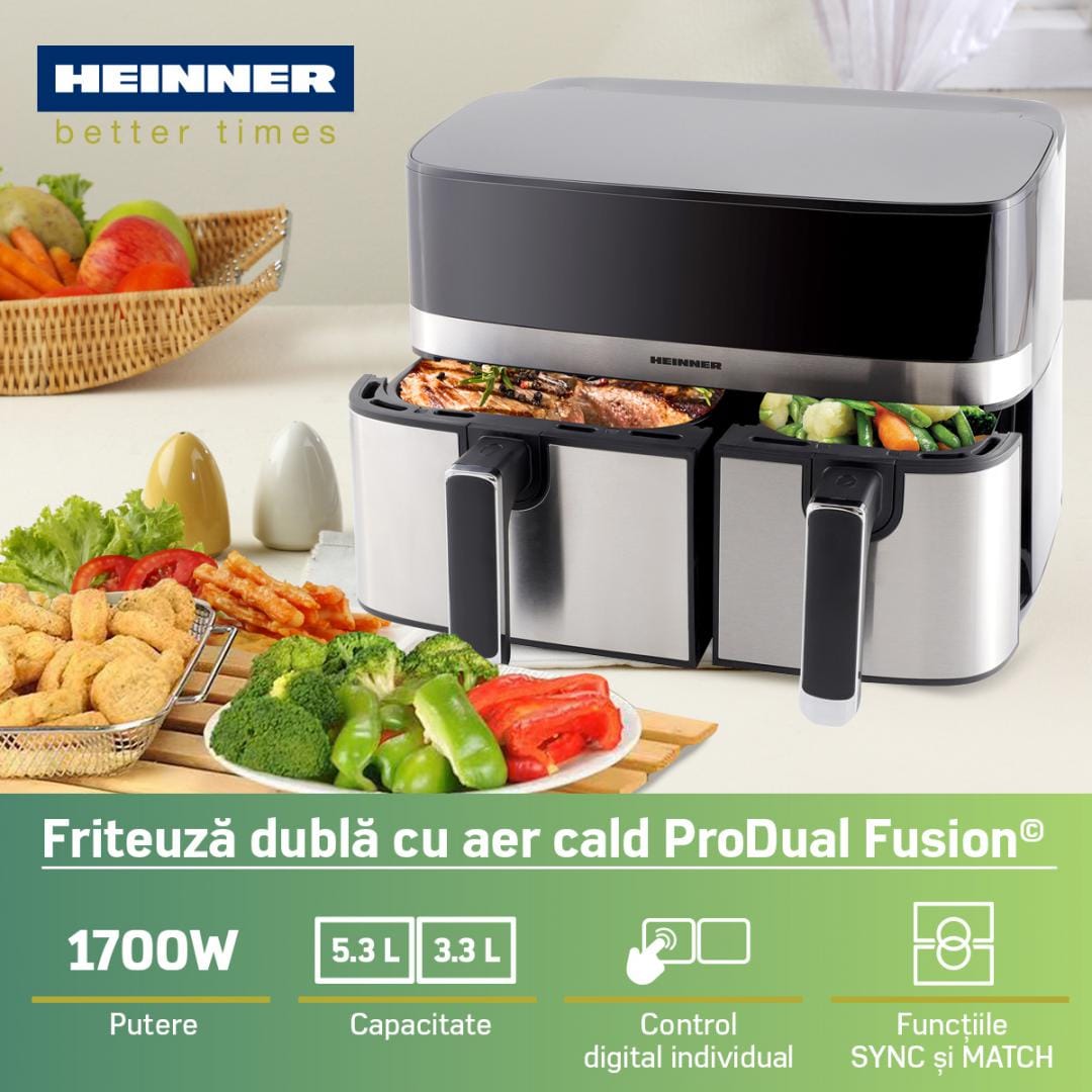 Heinner Air Fryer Air Fryer Heinner HAF-H9DB17BKS | Dubla, 9L, 2400W, 8 Programe, Negru