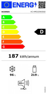 HEINNER Combina frigorifica Heinner HC-HM315INVDGD, compresor Inverter, capacitate totala: 315L, capacitate frigider: 219L, capacitate congelator: 96L, clasa energetica: D, control electronic cu termostat aju