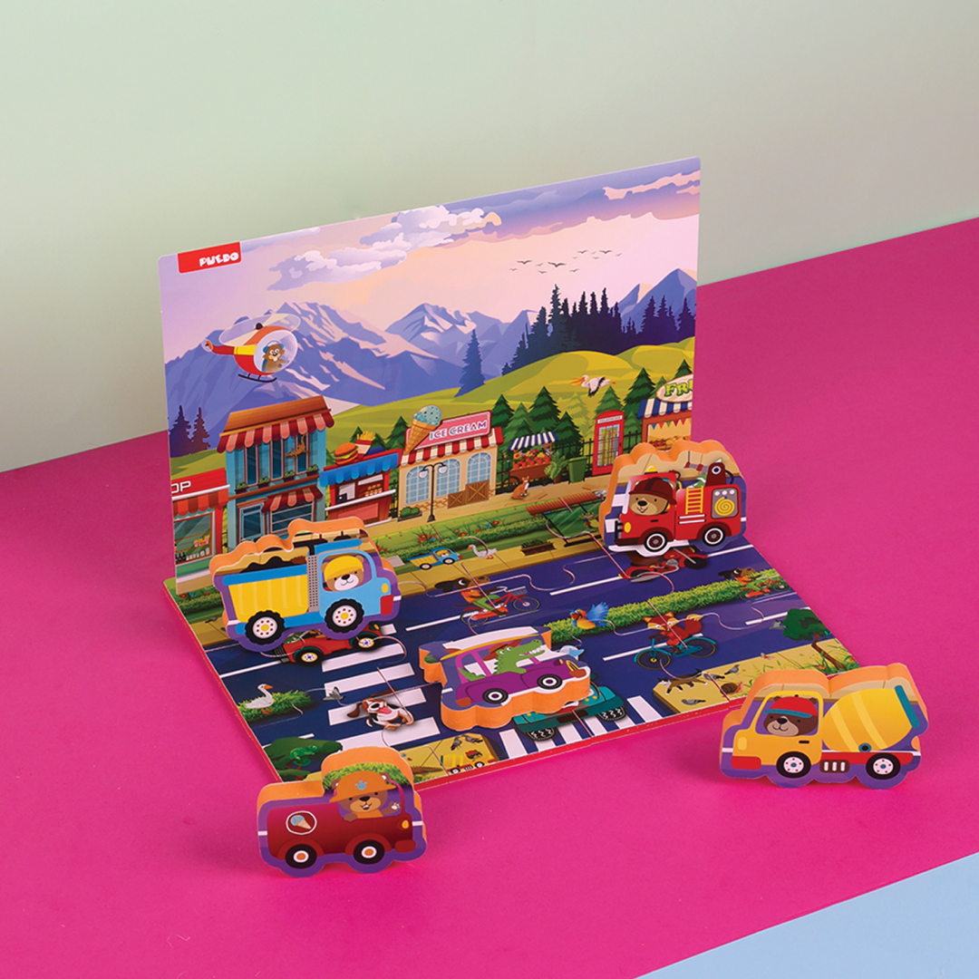 Puzzle din Spuma EVA, Masini și Semne de Circulatie, 17 Piese, Puedo — Puedo Toys