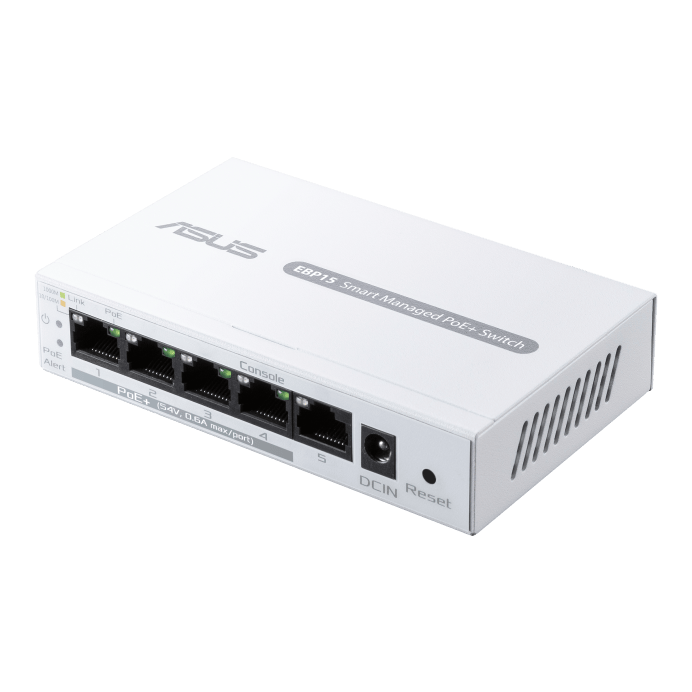Asus EBP15 Switch 5 Porturi GBE, Smart managed, POE, Standarde retea: IEEE 802.1p, IEEE 802.1q, IEEE 802.3ab, IEEE 802.3af, IEEE 802.3at, IEEE 802.3i, IEEE 802.3u, IEEE 802.3x, IPv4, Interfata 5 x 10/