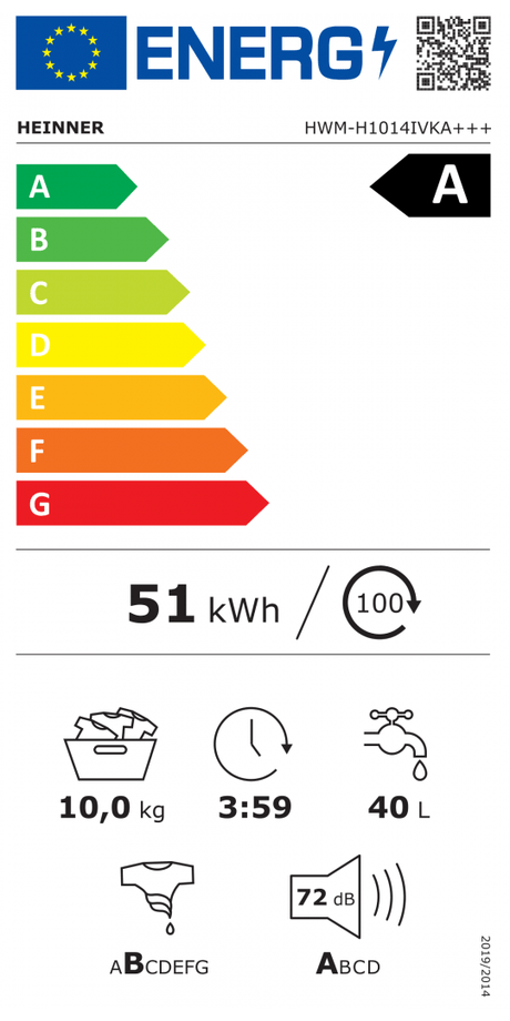 Heinner Masina de spalat rufe Masina de spalat rufe Heinner HWM-H1014IVKA+++ | 10kg, 1400RPM, A+++, Inverter, Alb, 60x61x85cm