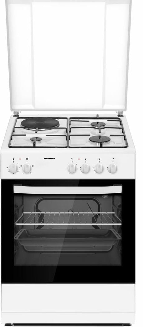 Heinner Aragaz Aragaz Mixt Heinner HFSC-S60E1HSWH | 60cm, 4 Arzatoare, Cuptor Electric, Alb, 60x60x83cm