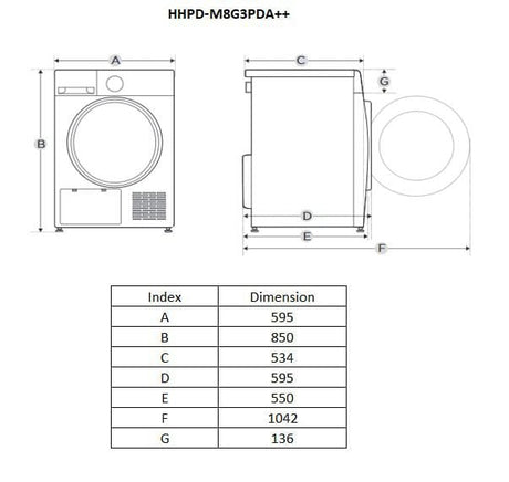 Heinner Uscator de rufe [RESIGILAT] Uscator Rufe Heinner HHPD-M8G3PDA++ | 8kg, Pompa Caldura, Clasa E, Alb, 59.5x60x84.5cm