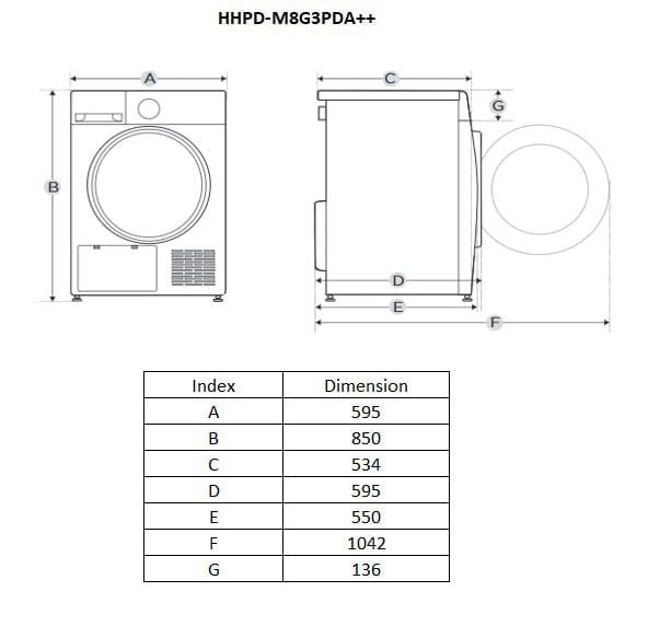 Heinner Uscator de rufe [RESIGILAT] Uscator de rufe Heinner HHPD-M8G3PDA++ | 9kg, Clasa E, Pompa de caldura, 14 programe, 59.5x60x84.5cm
