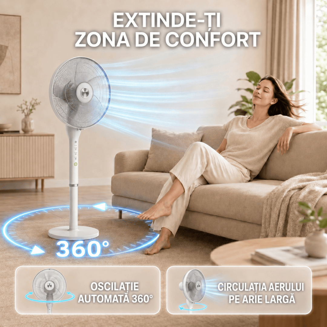 [RESIGILAT] Ventilator Heinner HSF-L360WH | 2 in 1, Oscilare 360°, Timer 8h, Control Digital, Telecomanda