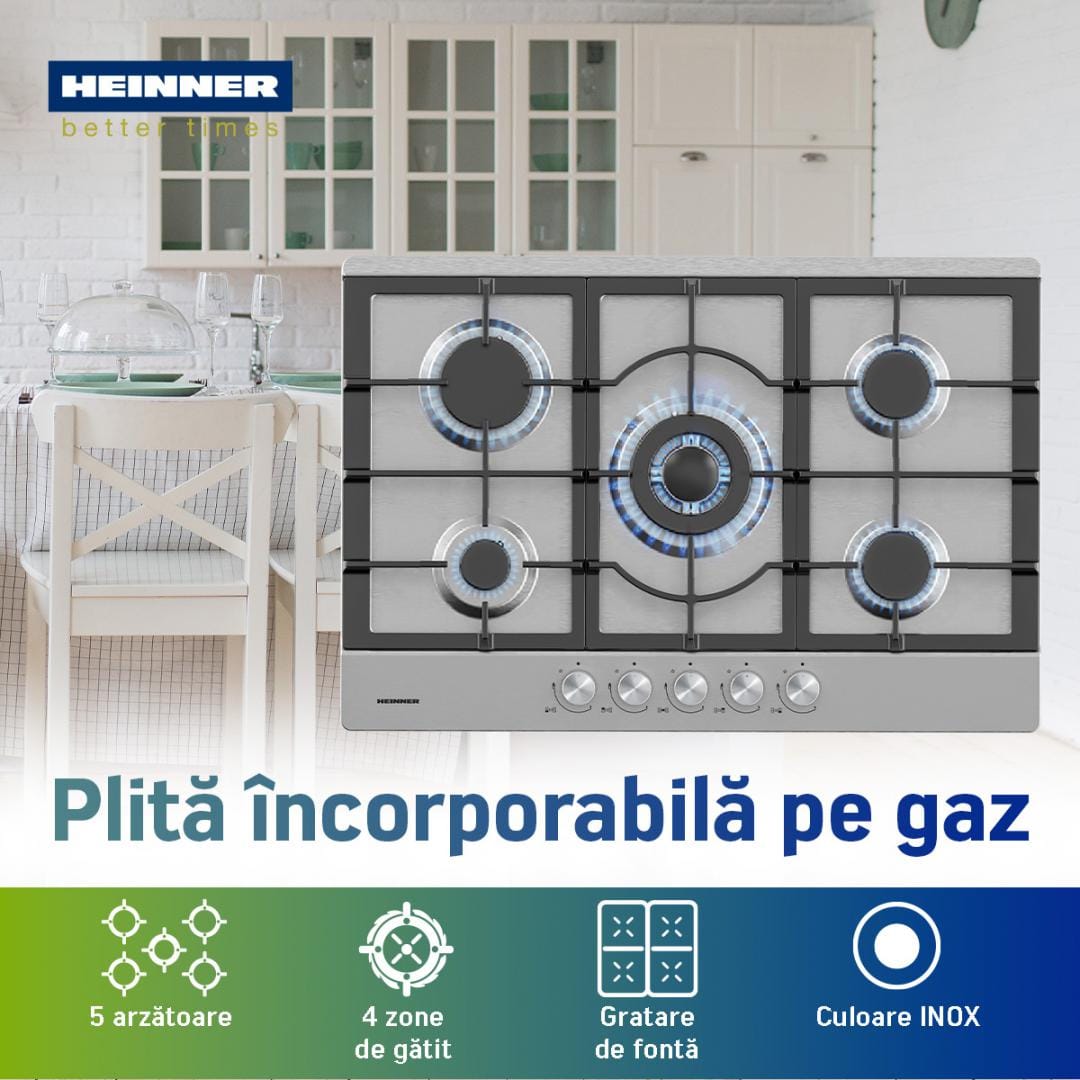 Heinner Plita incorporabila Plita Incorporabila Heinner HBH-M705IWFIX | 70cm, 5 Zone, Gaz, Aprindere Electrica, 75x51cm