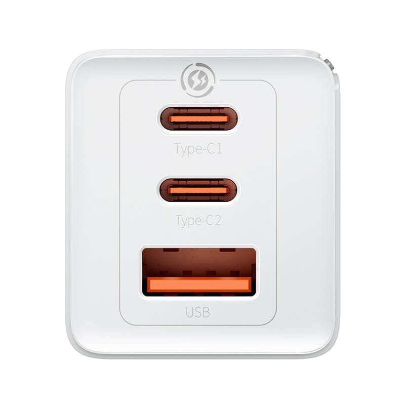Baseus Incarcator retea Baseus GaN5 PRO, Quick Charge 65W, 2 porturi USB PD, 1 port USB Quick Charge, include cablu USB -C la USB-C de 100W, lungime 1m, alb